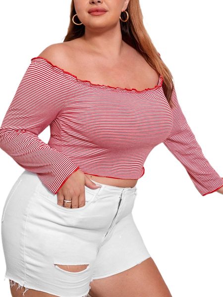 

plus striped off shoulder lettuce trim crop tee 67ht#, Black