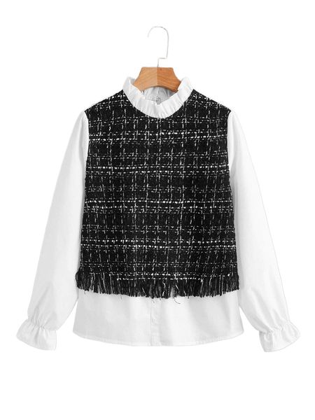 

frill trim plaid fringe trim bell sleeve 08xn#, White