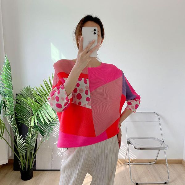 

women's polos miyake pleated women's print hit color cover meat western style t-shirt loose large size small shirt x185, White