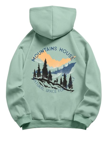 

tree & letter graphic drawstring thermal lined hoodie m8uf#, Black