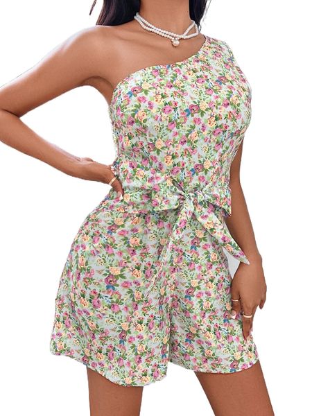 

allover floral print one shoulder knot front romper s0kt#, Black;white