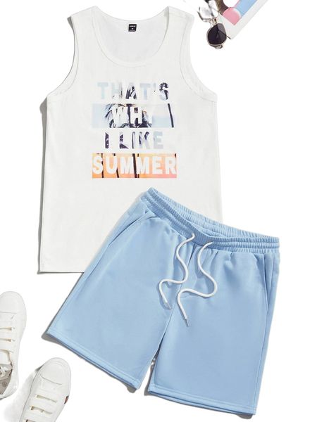 

men slogan & palm tree print tank and drawstring waist shorts p4jm#, Gray