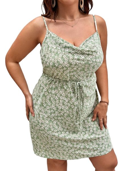 

plus ditsy floral print belted cami dress f0e4#, Black