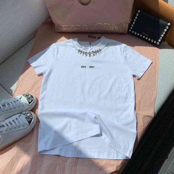 

summer new pearl nail pearl diamond collar decoration slim simple generous cotton short sleeve t-shirt women's, White
