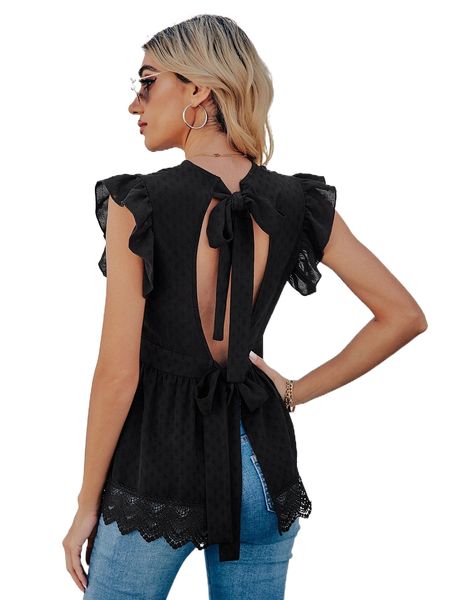 

contrast guipure lace tie back blouse d27v#, White