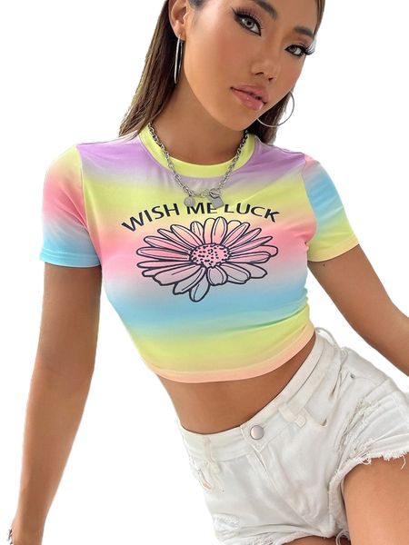 

floral & slogan graphic ombre crop tee w05w#, White