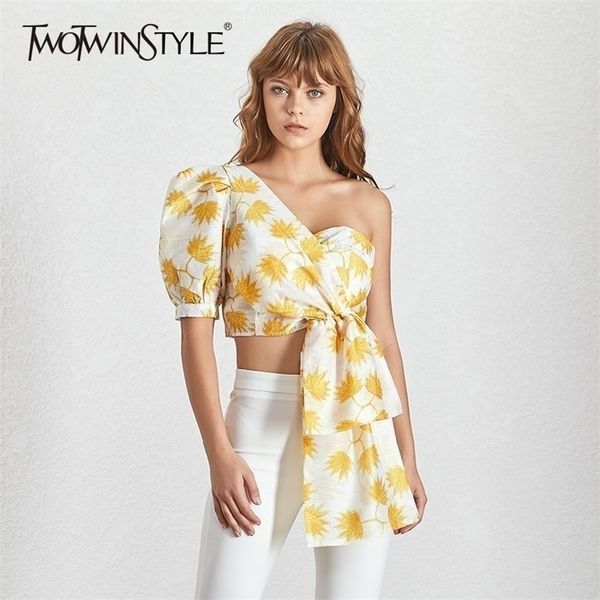 

twotwinstyle casual print shirt for women puff sleeve off shoulder irregular crop female summer fashion clothes new t200322, White