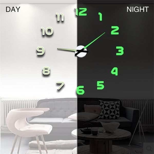 Wanduhr Moderne Design Uhr Digital Große Große 3D DIY Home Decor Leuchtende Luminova Spiegel Aufkleber Mode Ankunft 210325