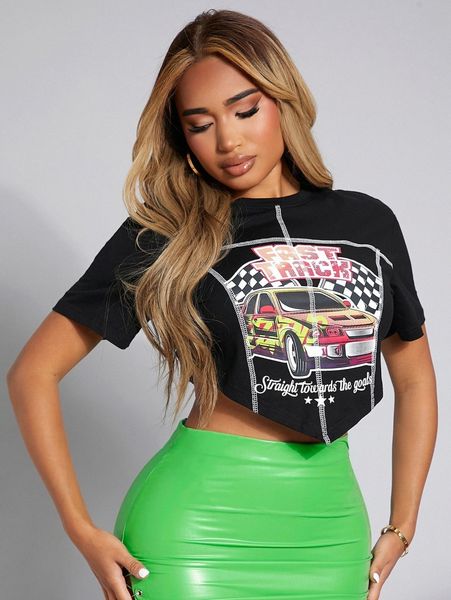 

sxy car print hanky hem crop tee q2pz#, White