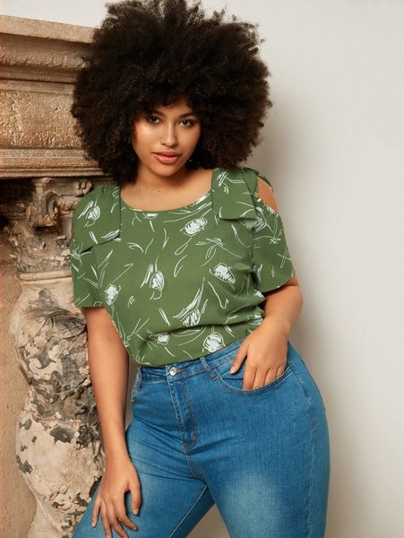 

plus graphic cold shoulder blouse a5jv#, Black