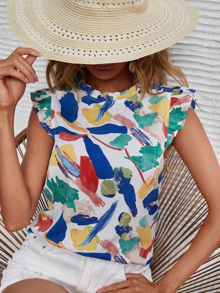 

frill mock neck ruffle armhole brush stroke print 18ka#, White