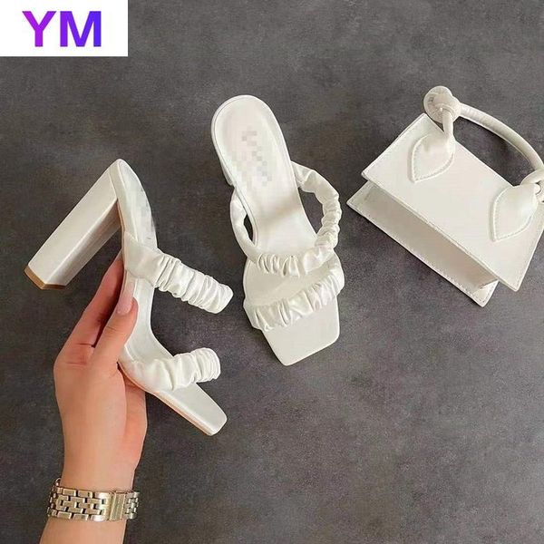 

fashion pleated female sandals open toe high square heels lady pumps dress party shoe summer slides 43 220613, Black
