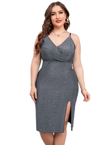 

plus split thigh glitter cami dress q25d#, Black