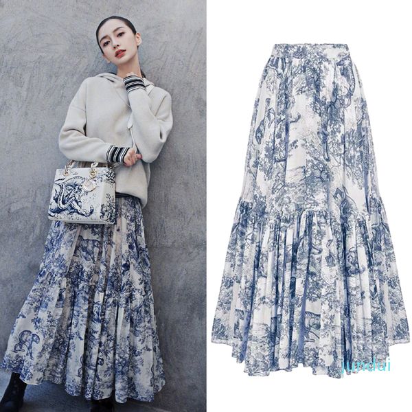 

2022 runway design long maxi womens summer new ink totem forest animals print ruffled pleated skirts jupe femmeiw3a859, Black