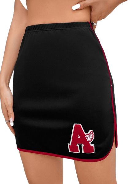 

letter patch detail contrast binding skirt c7vi#, Black