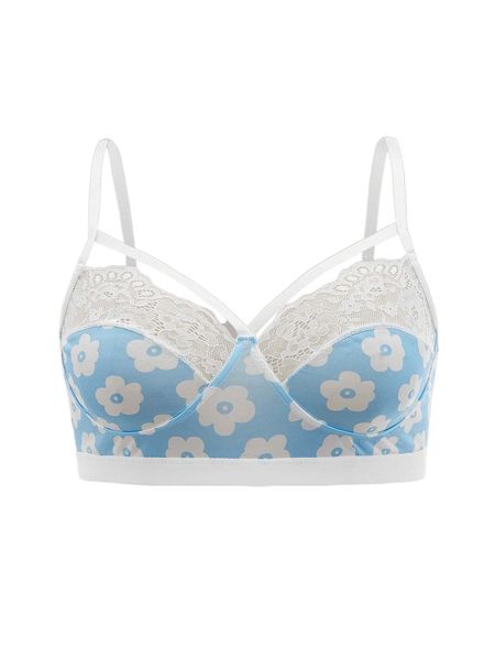 

plus floral print contrast lace bralette s28a#, Black;white