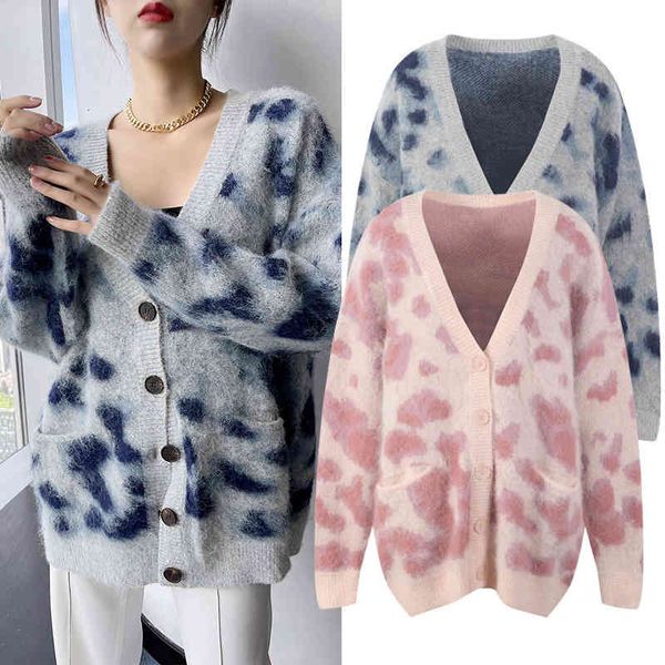 

women's knits tees mohair medium and long leopard sweater cardigan women's clothing autumn winter v-neck korean sweet aqsu, White