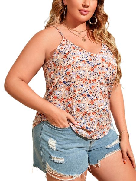 

plus floral print curved hem cami c0t4#, Black