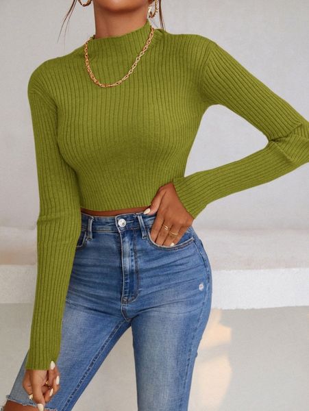 

solid rib-knit stand neck crop sweater u018#, White;black