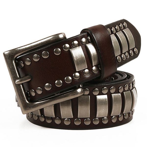 

new fashion business luxury men's rivet belt layer cowhide 38mm personalized decoration belts designer leather black silver gold buckle, Black;brown