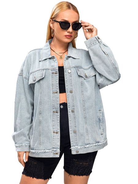 

plus drop shoulder raw trim denim coat p37r#, Black;brown