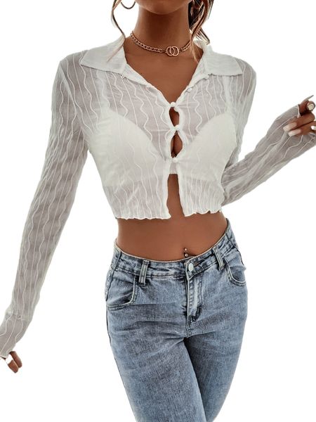 

button front sheer mesh lettuce trim shirt h2tp#, White