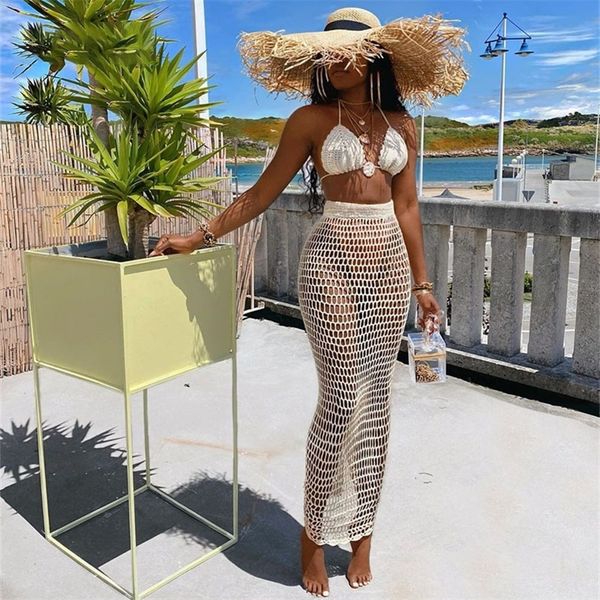 

townlike hollow out bandage two piece set spaghetti strap and long skirt beach summer 2 piece set women outfits 220602, White
