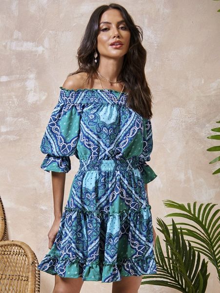 

off shoulder puff sleeve paisley print dress h9dd#, Black;gray