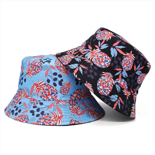 

stingy brim hats double sided wear pineapple fisherman fruit print cap summer leisure packable reversible sun 220329, Blue;gray