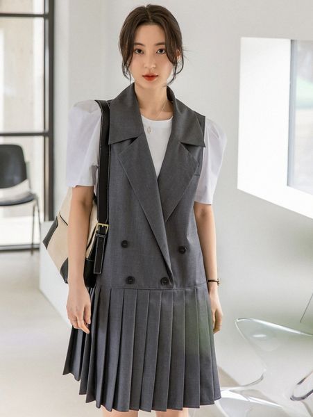 

dazy-less double breasted pleated blazer dress without b1oc#, White