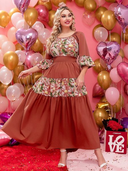 

plus floral print shirred waist flounce sleeve ruffle hem dress 73wr#, Black