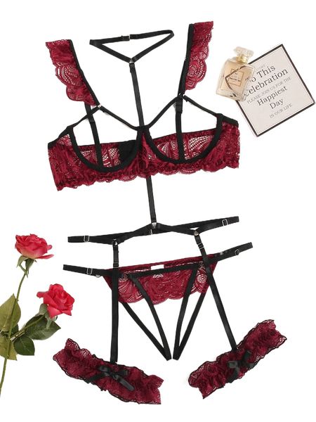 

floral lace underwire garter lingerie set with choker n8ep#, Black;red