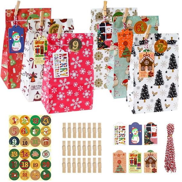 Confezione regalo Borsa per calendario dell'Avvento anno Sacchetti di carta natalizi set con adesivi numerici Forniture per decorazioni per feste di Natale NavidadConfezione regaloRegalo