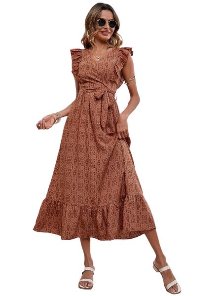 

allover d.itsy f.loral print r.uffle h.em b.elted w.rap d.ress 65ui#, Black;gray