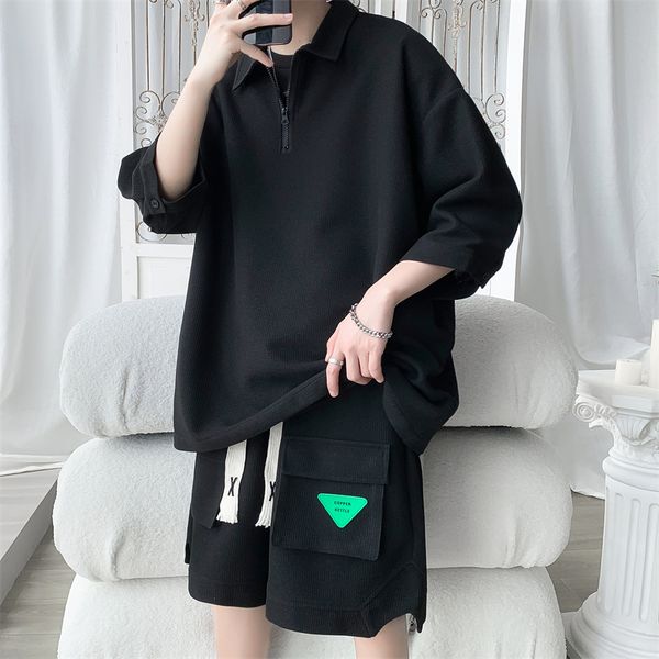 

4colors summer waffle oversized casual men's sets turn down collar loose polo tshirts and big pockets shorts streetwear 5xl- 220520, Gray
