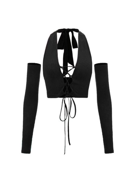 

lace up tied backless removable sleeve crop v4yf#, White