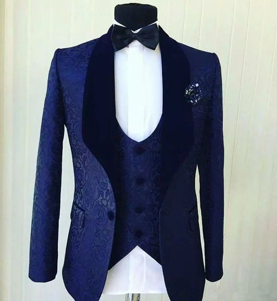 

navy blue jacquard men wedding shawl lapel groom tuxedos men dinner/darty dress 3 piece suit(jacket+pants+vest), Black;gray
