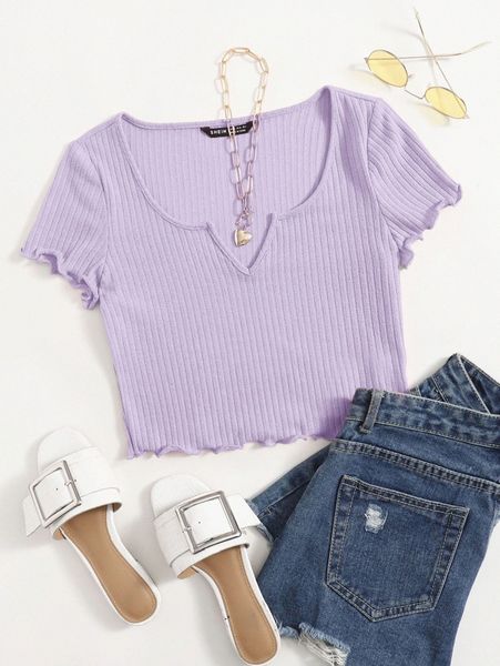 

notch neck lettuce edge tee k51p#, White