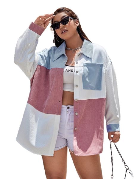 

plus color block patched pocket drop shoulder corduroy coat i7df#, Black