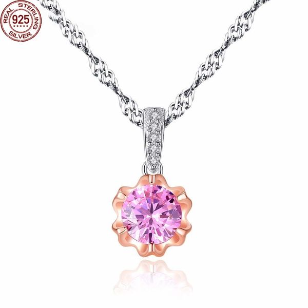 

brand simple style classic pink zircon stone shiny women 925 silver 2-color gold pendant necklace water wave chain gift