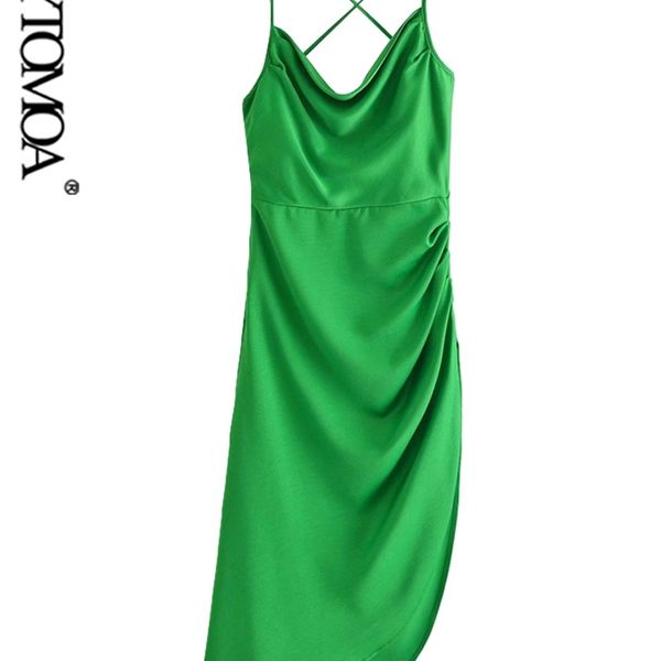 

kpytomoa women fashion soft touch pleated asymmetrical midi dress vintage backless tied thin straps female dresses mujer 220516, Black;gray