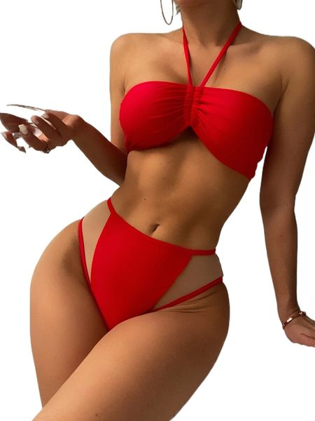 

solid halter bikini swimsuit y4fa#, White;black