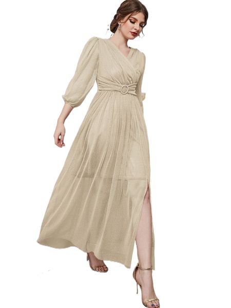 

surplice front bishop sleeve ring detail slit hem mesh dress b5bt#, Black;gray