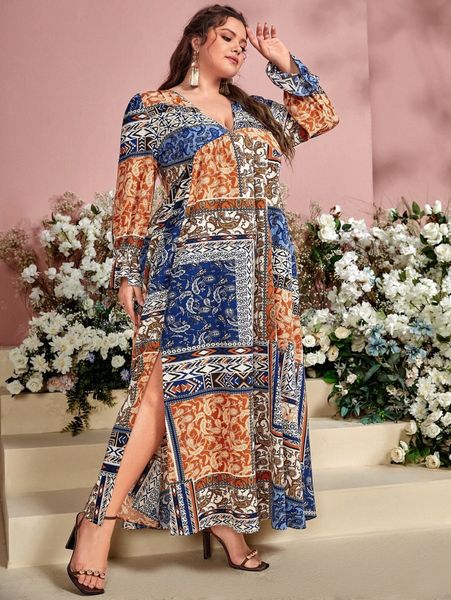 

plus paisley patchwork split side a-line dress x338#, Black