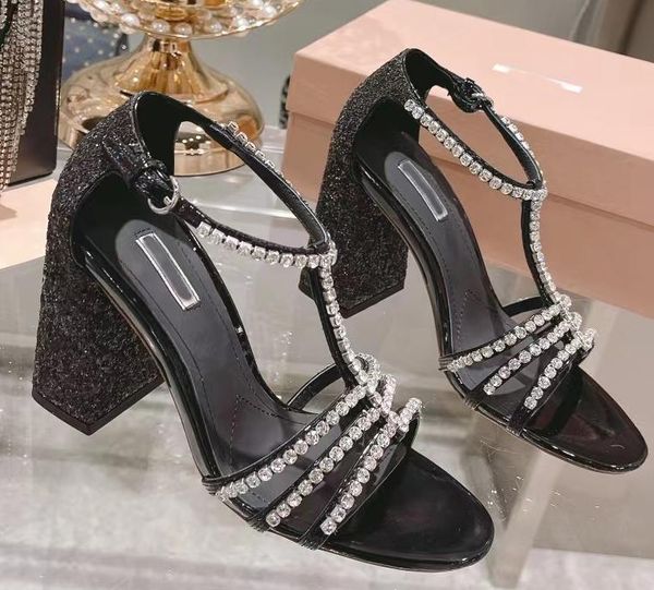 

sandals slippers women's two miu summer heels crystal chaussures de designer tory with 10 cm tall ankle buckle, Black