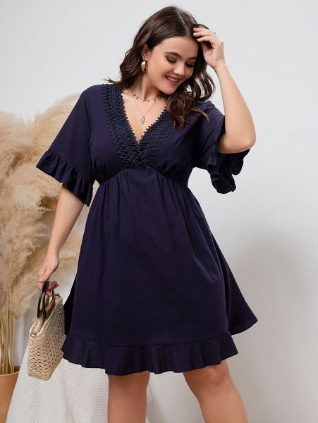 

plus contrast lace flounce sleeve ruffle hem dress a2kr#, Black