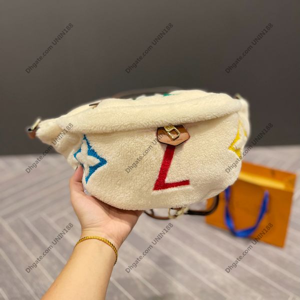 

f/w teddy designer women waist bag corduroy genuine leather beach travel banana hip bum zip bags shouder belt bags handbags mosaic letters 3