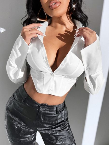 

solid asymmetrical hem crop shirt r3yz#, White