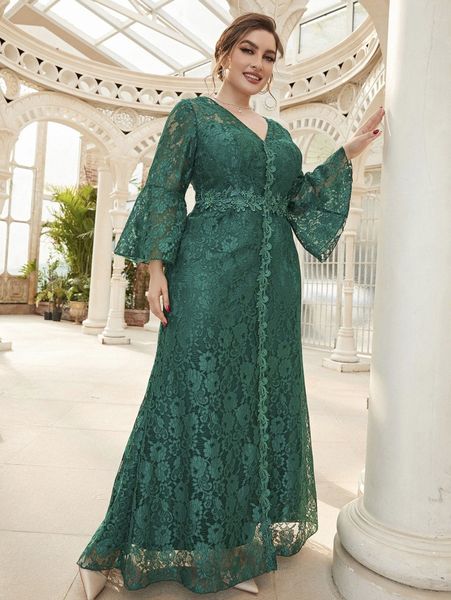 

plus appliques flounce sleeve lace formal dress x3ed#, Black