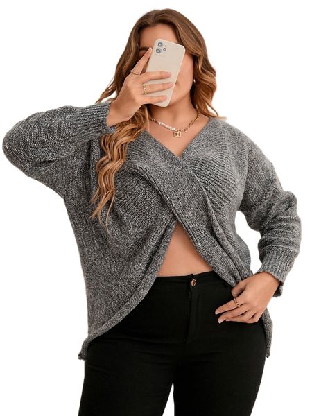 

plus wrap cross asymmetrical hem drop shoulder sweater b4ym#, Black